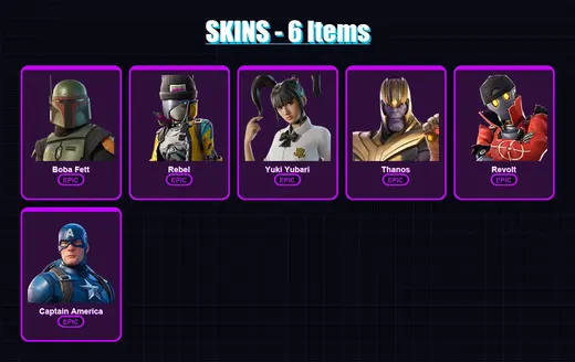 [PC/XBOX/PSN] | Boba Fett | Rebel | Yuki Yubari | Thanos | Revolt | 6 skin | 44 pickaxe | 18 emote | 33 glider | Lv564 — Game account