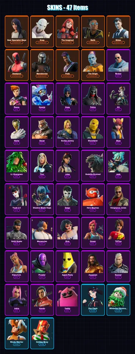[PC/PSN] | Gear Specialist Maya | Snap | The Imagined | Malik | Midas | 47 skin | 62 pickaxe | 42 emote | 65 glider | Lv791