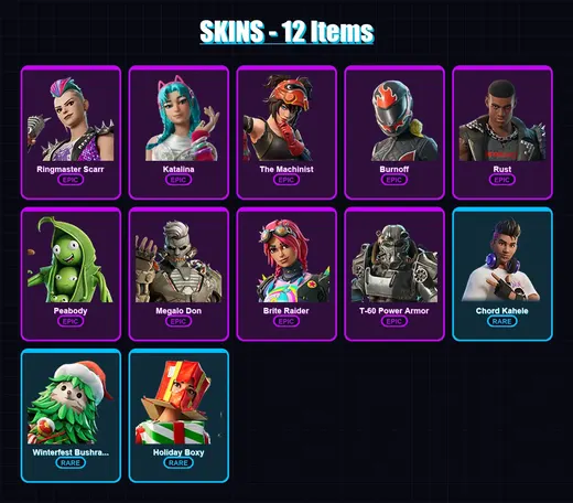 [PC/XBOX] | Ringmaster Scarr | Katalina | The Machinist | Burnoff | Rust | 12 skin | 37 pickaxe | 20 emote | 26 glider | Lv542