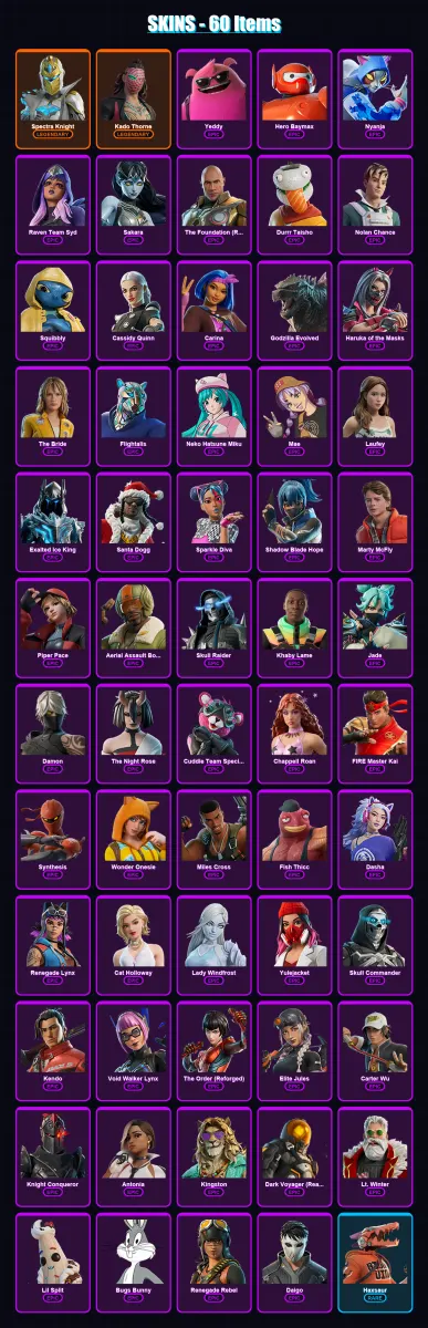[PC] | Spectra Knight | Kado Thorne | Yeddy | Hero Baymax | Nyanja | 60 skin | 78 pickaxe | 55 emote | 54 glider | Lv660
