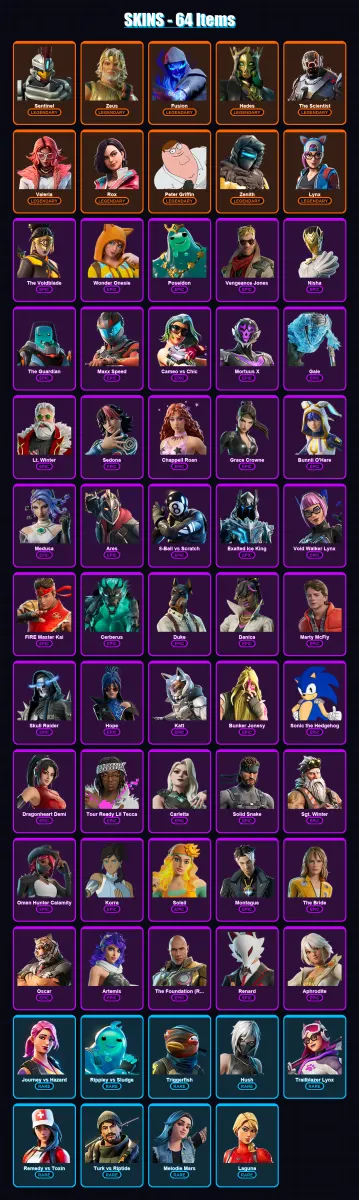 [PC/XBOX/PSN] | Sentinel | Zeus | Fusion | Hades | The Scientist | 64 skin | 53 pickaxe | 50 emote | 40 glider | Lv597