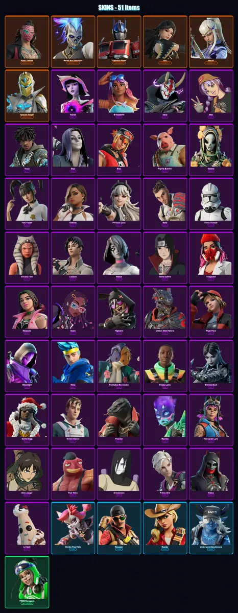 [PC/XBOX/PSN] | Kado Thorne | Renzo the Destroyer | Optimus Prime | Era | Mizuki | 51 skin | 119 pickaxe | 74 emote | 81 glider | Lv1193