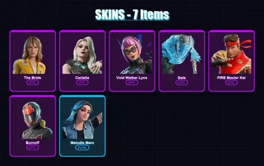 [PC/PSN] | The Bride | Carletta | Void Walker Lynx | Gale | FIRE Master Kai | 7 skin | 6 pickaxe | 2 emote | 1 glider | Lv45