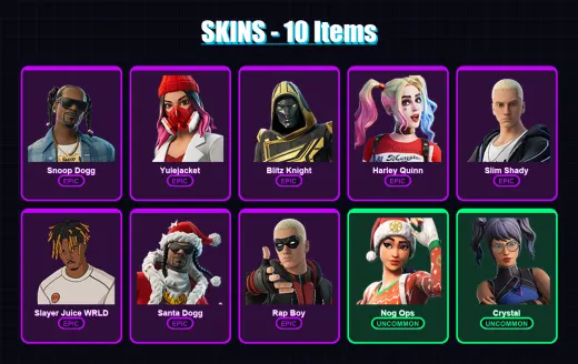 [PC/PSN] | Snoop Dogg | Yulejacket | Blitz Knight | Harley Quinn | Slim Shady | 10 skin | 27 pickaxe | 12 emote | 22 glider | Lv277