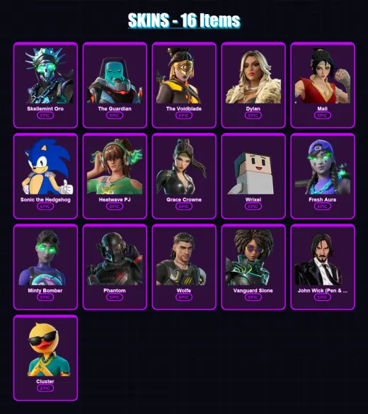 [PC/XBOX/PSN] | Skellemint Oro | The Guardian | The Voidblade | Dylan | Mali | 16 skin | 29 pickaxe | 17 emote | 24 glider | Lv435