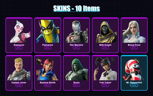 [PC/XBOX] | Gwenpool | Peelverine | War Machine | Blitz Knight | Emma Frost | 10 skin | 27 pickaxe | 13 emote | 15 glider | Lv197 — Game account