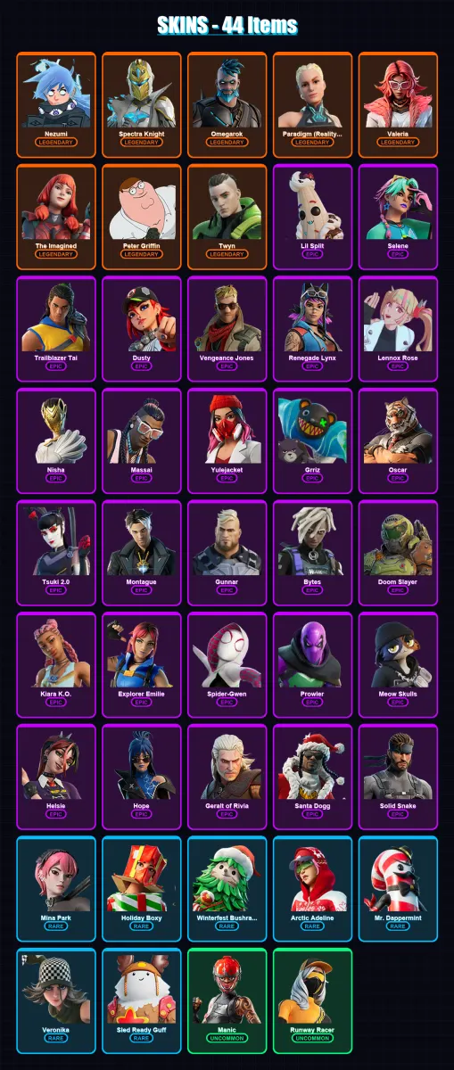 [PS4/PS5/PC] | Nezumi | Spectra Knight | Omegarok | Paradigm (Reality-659) | Valeria | 44 skin | 53 pickaxe | 31 emote | 47 glider | Lv557