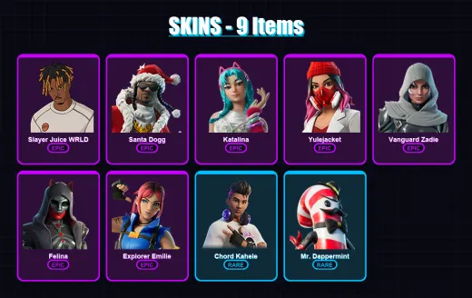 [SWITCH/XBOX/PSN/PC] | Slayer Juice WRLD | Santa Dogg | Katalina | Yulejacket | Vanguard Zadie | 9 skin | 58 pickaxe | 22 emote | 35 glider | Lv577