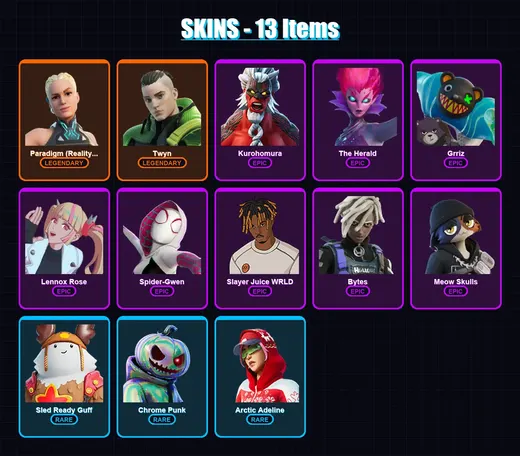 [SWITCH/XBOX/PSN/PC] | Paradigm (Reality-659) | Twyn | Kurohomura | The Herald | Grriz | 13 skin | 17 pickaxe | 11 emote | 18 glider | Lv226 — Game account