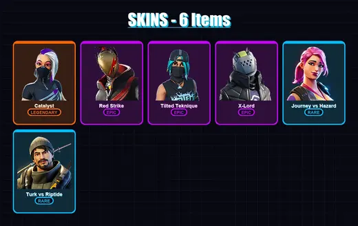 [PS4/PS5/XBOX/PC] | Catalyst | Red Strike | Tilted Teknique | X-Lord | Journey vs Hazard | 6 skin | 5 pickaxe | 9 emote | 5 glider | Lv80
