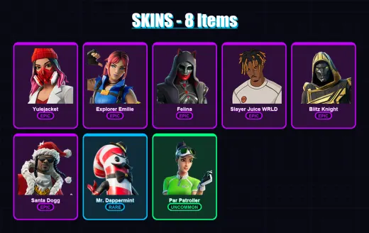 [PC/XBOX/PSN] | Yulejacket | Explorer Emilie | Felina | Slayer Juice WRLD | Blitz Knight | 8 skin | 44 pickaxe | 15 emote | 27 glider | Lv486