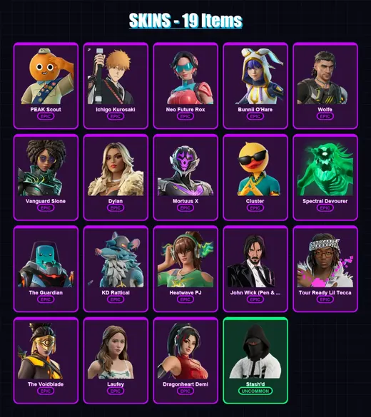 [PC/XBOX/PSN] | PEAK Scout | Ichigo Kurosaki | Neo Future Rox | Bunnii O'Hare | Wolfe | 19 skin | 26 pickaxe | 16 emote | 14 glider | Lv135