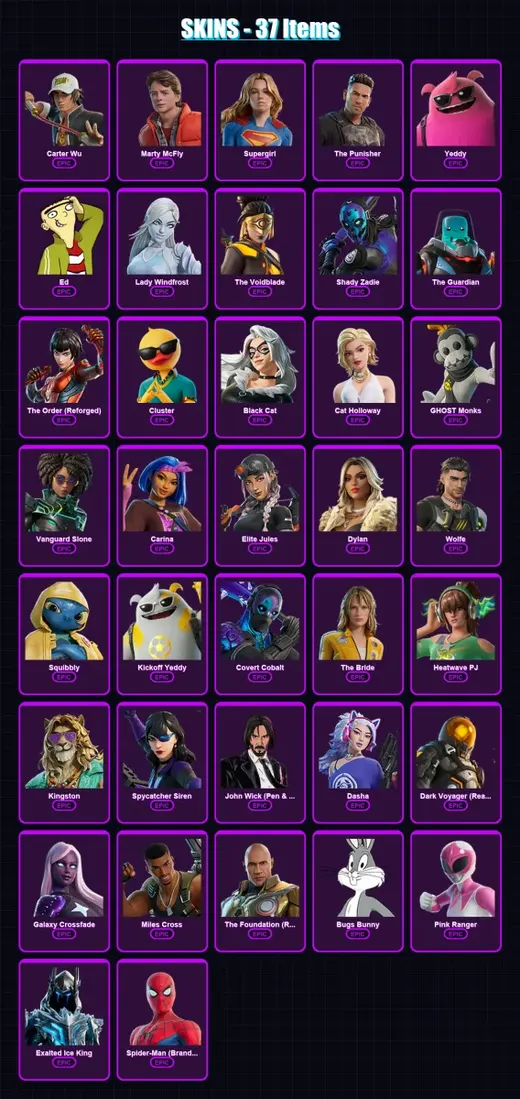 [PC/XBOX] | Carter Wu | Marty McFly | Supergirl | The Punisher | Yeddy | 37 skin | 56 pickaxe | 39 emote | 42 glider | Lv734