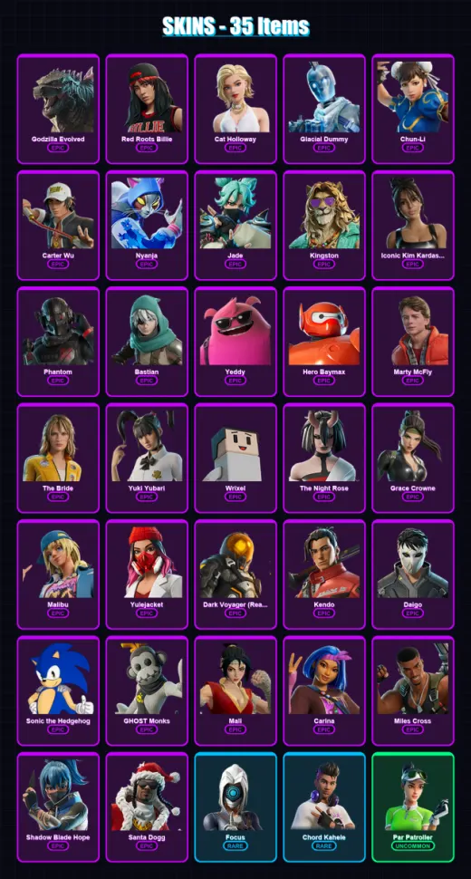 [PS4/PS5/PC] | Godzilla Evolved | Red Roots Billie | Cat Holloway | Glacial Dummy | Chun-Li | 35 skin | 69 pickaxe | 35 emote | 41 glider | Lv514