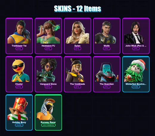 [PC/XBOX] | Trailblazer Tai | Heatwave PJ | Dylan | Wolfe | John Wick (Pen & Ink) | 12 skin | 24 pickaxe | 15 emote | 21 glider | Lv264