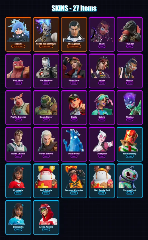 [PC/PSN] | Nezumi | Renzo the Destroyer | The Ageless | Imani | Thunder | 27 skin | 39 pickaxe | 32 emote | 37 glider | Lv438