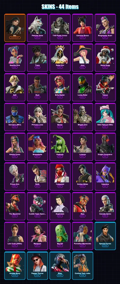 [PC/XBOX] | Era | Fletcher Kane | T-60 Power Armor | Carmine Rosso | Ringmaster Scarr | 44 skin | 57 pickaxe | 41 emote | 43 glider | Lv568