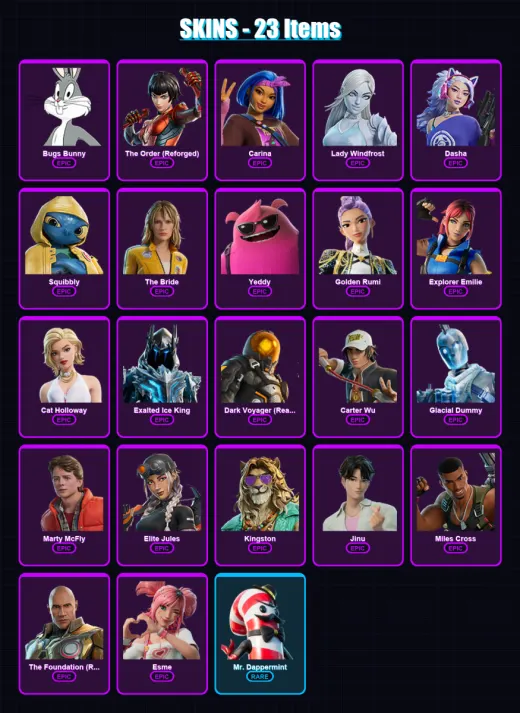[PC/XBOX/PSN] | Bugs Bunny | The Order (Reforged) | Carina | Lady Windfrost | Dasha | 23 skin | 30 pickaxe | 21 emote | 26 glider | Lv536