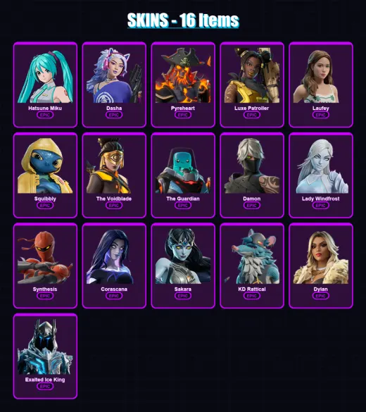 [PC/PSN] | Hatsune Miku | Dasha | Pyreheart | Luxe Patroller | Laufey | 16 skin | 25 pickaxe | 15 emote | 17 glider | Lv106