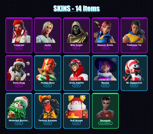 [PC/PSN] | Yulejacket | Jackie | Blitz Knight | Explorer Emilie | Trailblazer Tai | 14 skin | 27 pickaxe | 13 emote | 20 glider | Lv326