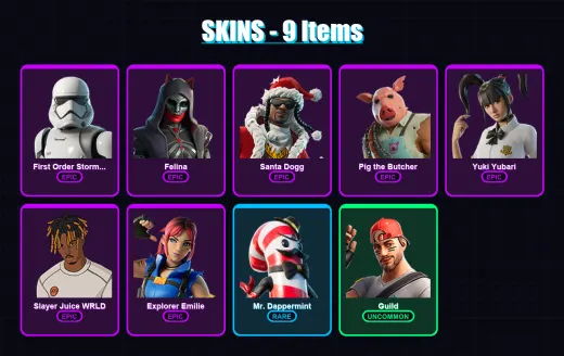 [PC/PSN] | First Order Stormtrooper | Felina | Santa Dogg | Pig the Butcher | Yuki Yubari | 9 skin | 63 pickaxe | 34 emote | 46 glider | Lv875