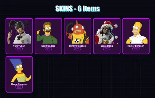 [PC/XBOX/PSN] | Yuki Yubari | Ned Flanders | Blinky Fishstick | Santa Dogg | Homer Simpson | 6 skin | 38 pickaxe | 19 emote | 28 glider | Lv326