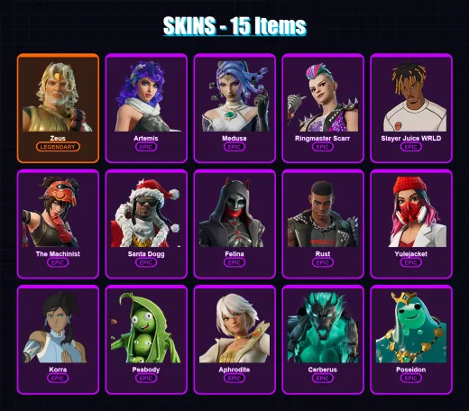 [PC] | Zeus | Artemis | Medusa | Ringmaster Scarr | Slayer Juice WRLD | 15 skin | 58 pickaxe | 33 emote | 45 glider | Lv559