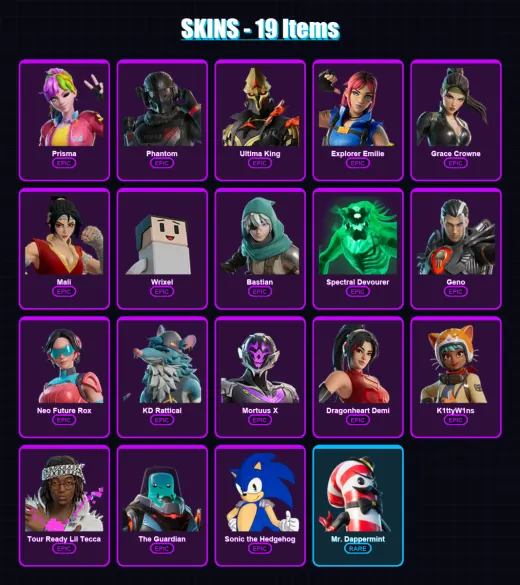 [PC/XBOX/PSN] | Prisma | Phantom | Ultima King | Explorer Emilie | Grace Crowne | 19 skin | 25 pickaxe | 11 emote | 21 glider | Lv220