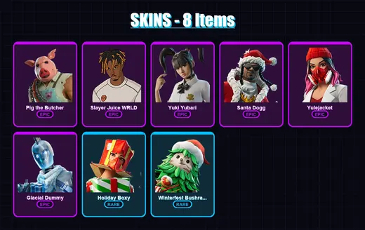 [PC/XBOX] | Pig the Butcher | Slayer Juice WRLD | Yuki Yubari | Santa Dogg | Yulejacket | 8 skin | 44 pickaxe | 20 emote | 32 glider | Lv293