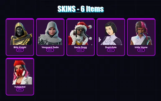 [PC/XBOX/PSN] | Blitz Knight | Vanguard Zadie | Santa Dogg | Dupli-Kate | Iridia Vayne | 6 skin | 61 pickaxe | 24 emote | 44 glider | Lv796