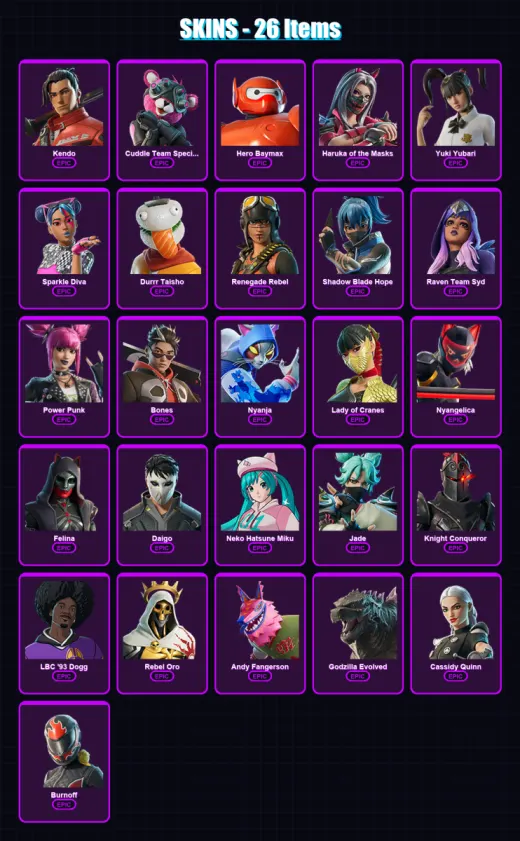 [PC/XBOX/PSN] | Kendo | Cuddle Team Specialist | Hero Baymax | Haruka of the Masks | Yuki Yubari | 26 skin | 34 pickaxe | 24 emote | 19 glider | Lv1