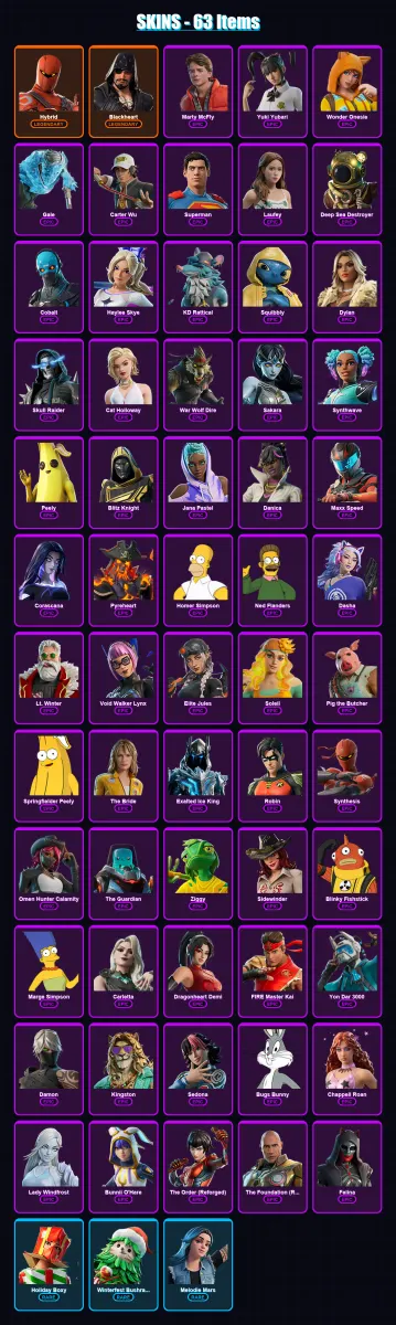 [PC/XBOX/PSN] | Hybrid | Blackheart | Marty McFly | Yuki Yubari | Wonder Onesie | 63 skin | 134 pickaxe | 77 emote | 93 glider | Lv1231