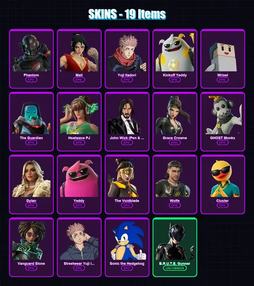 [PC/XBOX/PSN] | Phantom | Mali | Yuji Itadori | Kickoff Yeddy | Wrixel | 19 skin | 25 pickaxe | 14 emote | 16 glider | Lv175