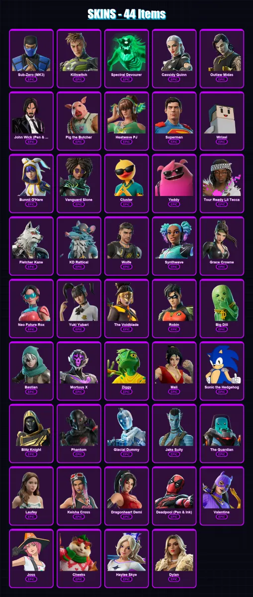 [PC/XBOX] | Sub-Zero (MK3) | Killswitch | Spectral Devourer | Cassidy Quinn | Outlaw Midas | 44 skin | 101 pickaxe | 49 emote | 68 glider | Lv892