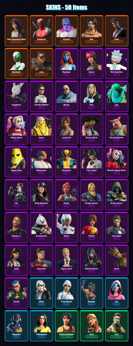 [PS4/PS5/XBOX/PC] | Gear Specialist Maya | Deadpool | Kymera | Raz | Fade | 50 skin | 82 pickaxe | 60 emote | 63 glider | Lv928