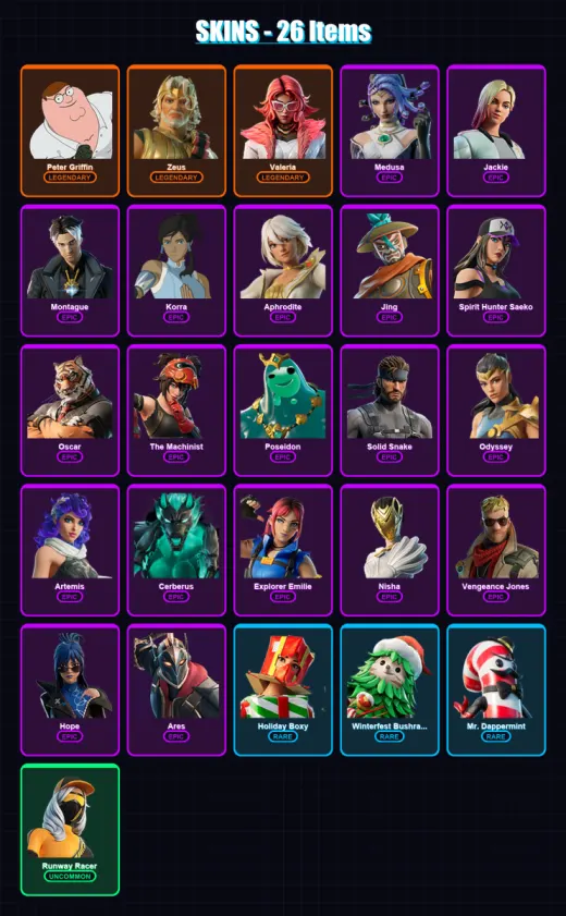 [PC/XBOX/PSN] | Peter Griffin | Zeus | Valeria | Medusa | Jackie | 26 skin | 29 pickaxe | 25 emote | 22 glider | Lv308