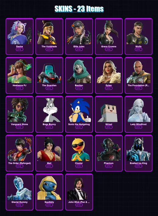 [PS4/PS5/XBOX/PC] | Dasha | The Voidblade | Elite Jules | Grace Crowne | Wolfe | 23 skin | 63 pickaxe | 32 emote | 45 glider | Lv605 — Game account
