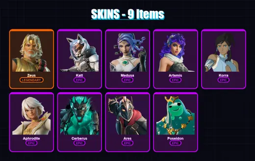 [PC/XBOX/PSN] | Zeus | Katt | Medusa | Artemis | Korra | 9 skin | 20 pickaxe | 14 emote | 13 glider | Lv168