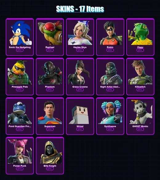 [PC/XBOX] | Sonic the Hedgehog | Raphael | Haylee Skye | Robin | Ziggy | 17 skin | 35 pickaxe | 16 emote | 29 glider | Lv260
