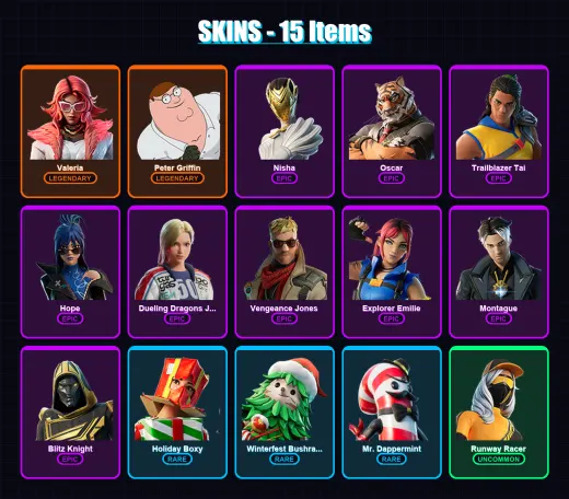 [PC/XBOX/PSN] | Valeria | Peter Griffin | Nisha | Oscar | Trailblazer Tai | 15 skin | 20 pickaxe | 12 emote | 14 glider | Lv234