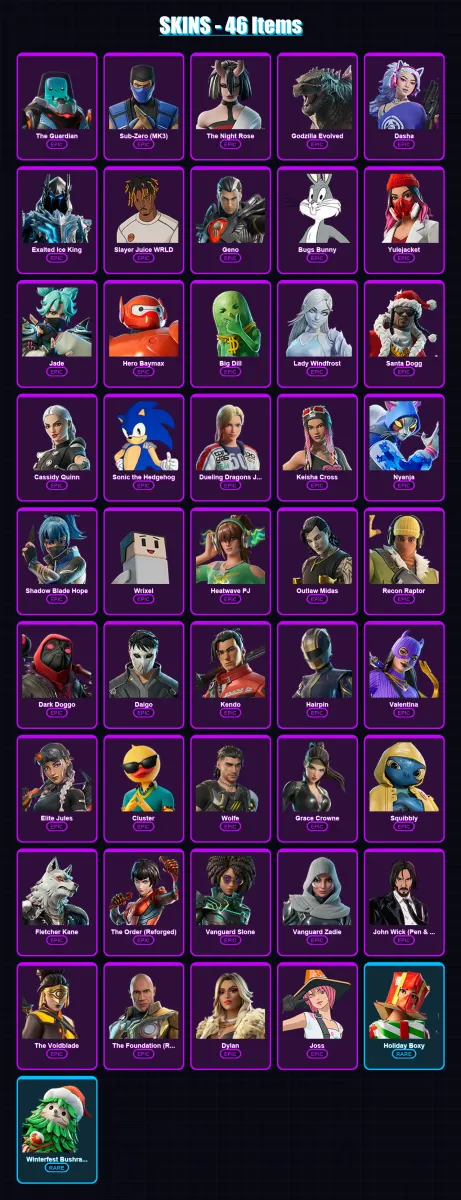 [PS4/PS5/XBOX/PC] | The Guardian | Sub-Zero (MK3) | The Night Rose | Godzilla Evolved | Dasha | 46 skin | 103 pickaxe | 63 emote | 83 glider | Lv119