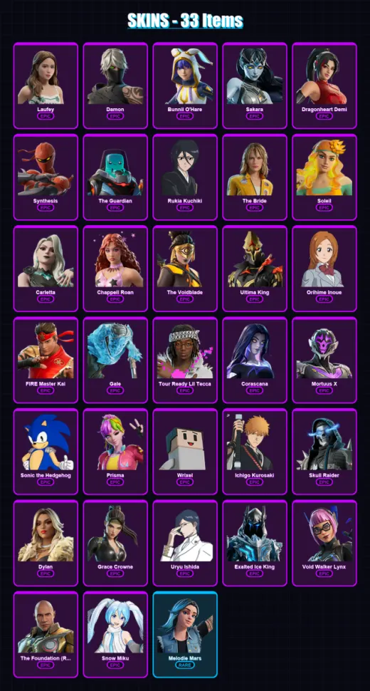 [PC/XBOX/PSN] | Laufey | Damon | Bunnii O'Hare | Sakara | Dragonheart Demi | 33 skin | 24 pickaxe | 5 emote | 8 glider | Lv11
