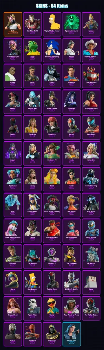 [PC/PSN] | Drift | Iron Man Mk 45 | Tighty Whities Homer | Spectral Devourer | Huntress | 64 skin | 73 pickaxe | 46 emote | 35 glider | Lv299