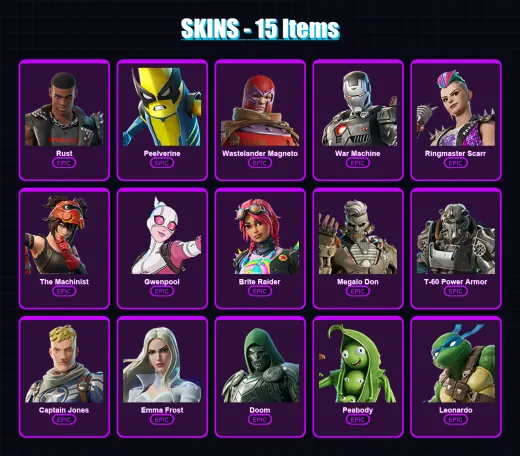 [PC/XBOX/PSN] | Rust | Peelverine | Wastelander Magneto | War Machine | Ringmaster Scarr | 15 skin | 30 pickaxe | 22 emote | 24 glider | Lv269