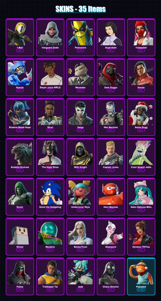 [PC/XBOX] | 1-Ball | Vanguard Zadie | Peelverine | Dupli-Kate | Yulejacket | 35 skin | 92 pickaxe | 54 emote | 58 glider | Lv956