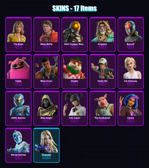 [PC/PSN] | The Bride | Marty McFly | Dark Voyager (Reality Redacted) | Kingston | Burnoff | 17 skin | 79 pickaxe | 35 emote | 51 glider | Lv1470