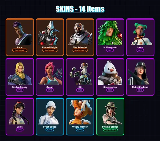 [PC/XBOX/PSN] | Fade | Eternal Knight | The Scientist | Lt. Evergreen | Siona | 14 skin | 39 pickaxe | 66 emote | 53 glider | Lv1165