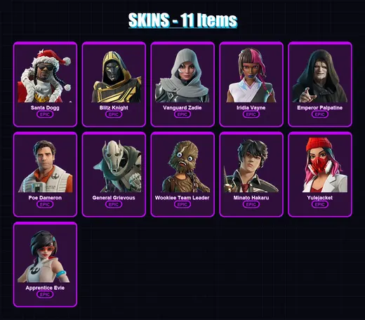 [PC/XBOX/PSN] | Santa Dogg | Blitz Knight | Vanguard Zadie | Iridia Vayne | Emperor Palpatine | 11 skin | 51 pickaxe | 22 emote | 32 glider | Lv339