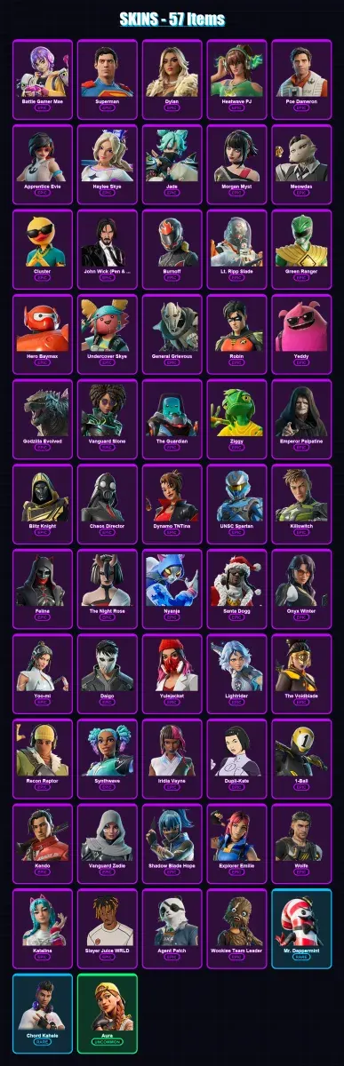 [PC/PSN] | Battle Gamer Mae | Superman | Dylan | Heatwave PJ | Poe Dameron | 57 skin | 114 pickaxe | 72 emote | 68 glider | Lv1792