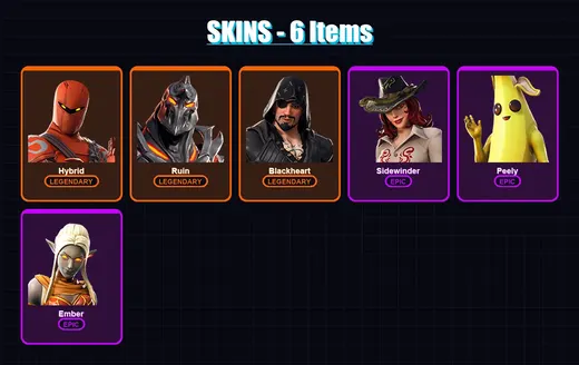 [PC/XBOX/PSN] | Hybrid | Ruin | Blackheart | Sidewinder | Peely | 6 skin | 6 pickaxe | 13 emote | 9 glider | Lv121 — Game account